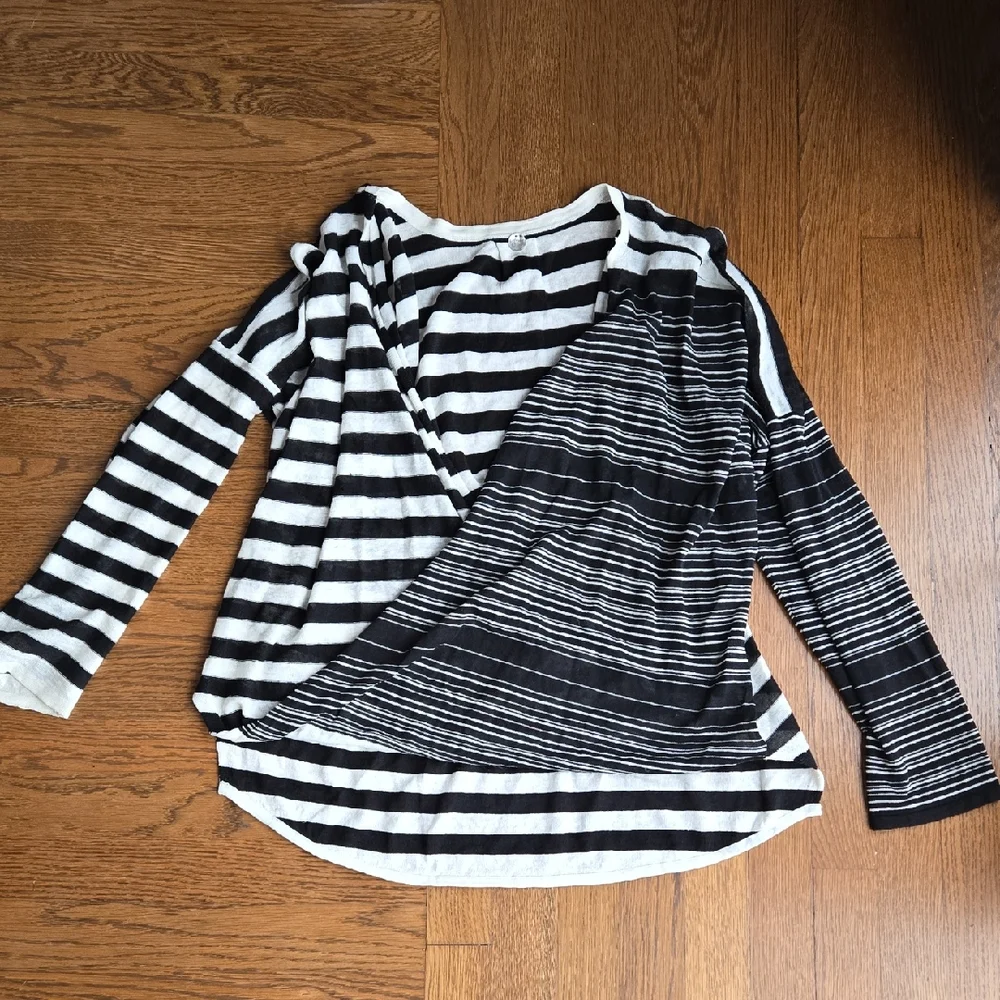 Margaret O'Leary Striped Black and Off-White Linen-blend Women's Top, Large